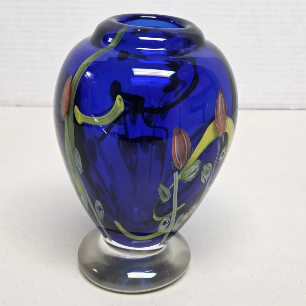 VTG Kusak Art Glass Paperweight Pedestal Vase Cobalt Blue with Cased Flowers 6” - Picture 2 of 11